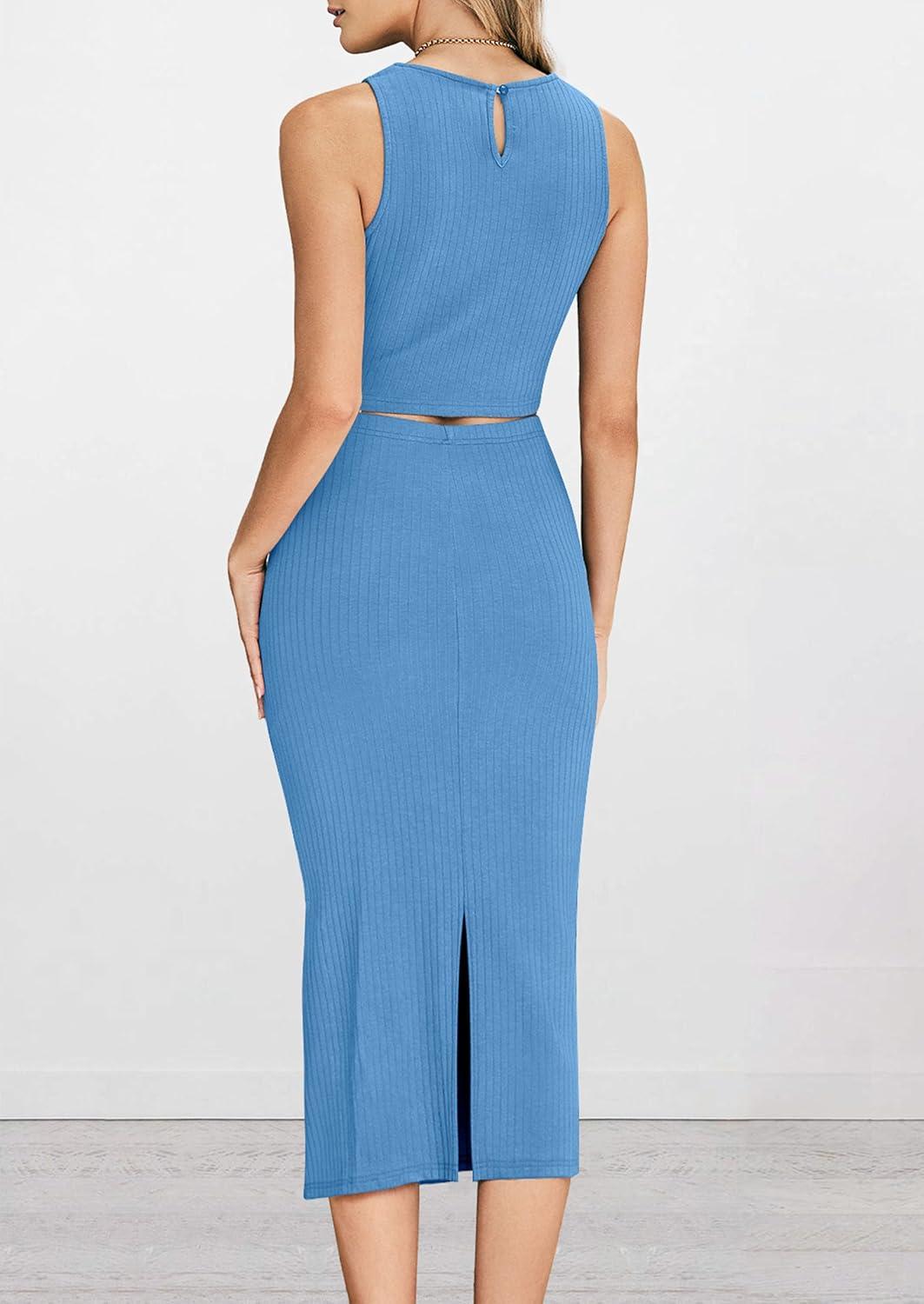 imagePRETTYGARDEN Womens 2 Piece Summer Outfits Crewneck Tank Tops Split Bodycon Midi Skirt SetLight Blue