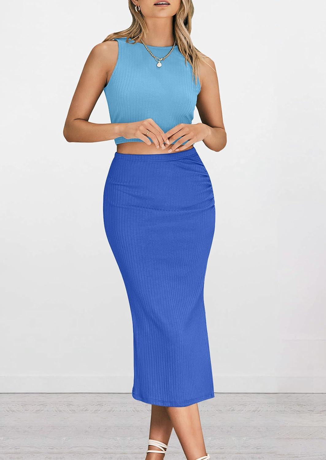 imagePRETTYGARDEN Womens 2 Piece Summer Outfits Crewneck Tank Tops Split Bodycon Midi Skirt SetLight Blueblue