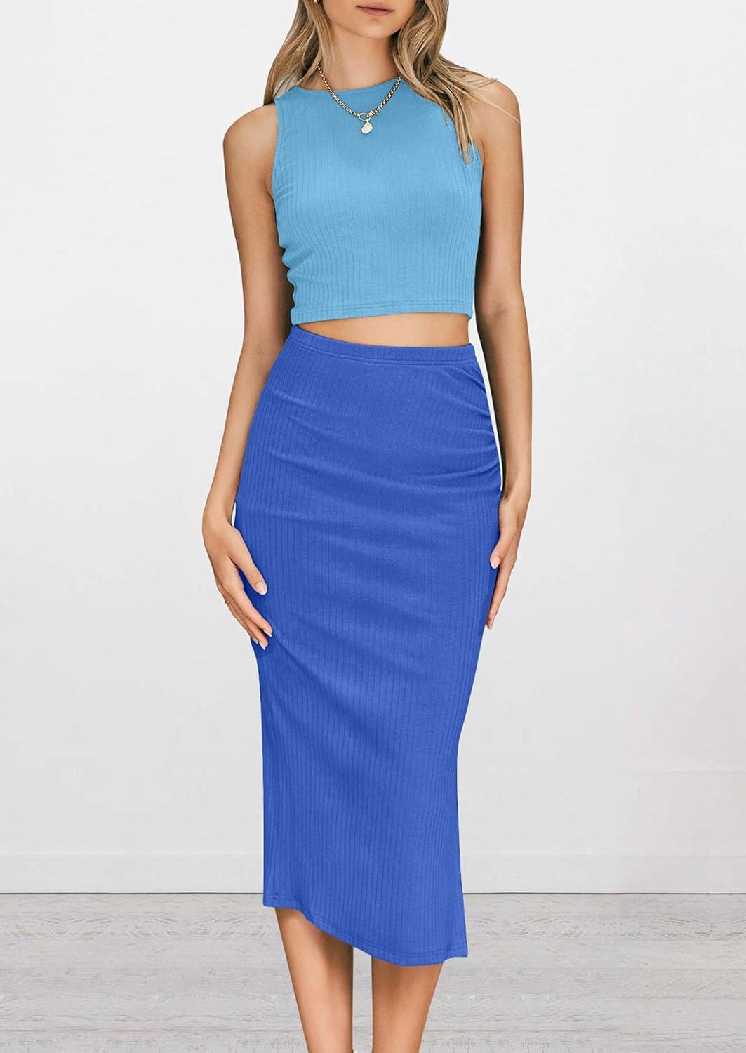 imagePRETTYGARDEN Womens 2 Piece Summer Outfits Crewneck Tank Tops Split Bodycon Midi Skirt SetLight Blueblue