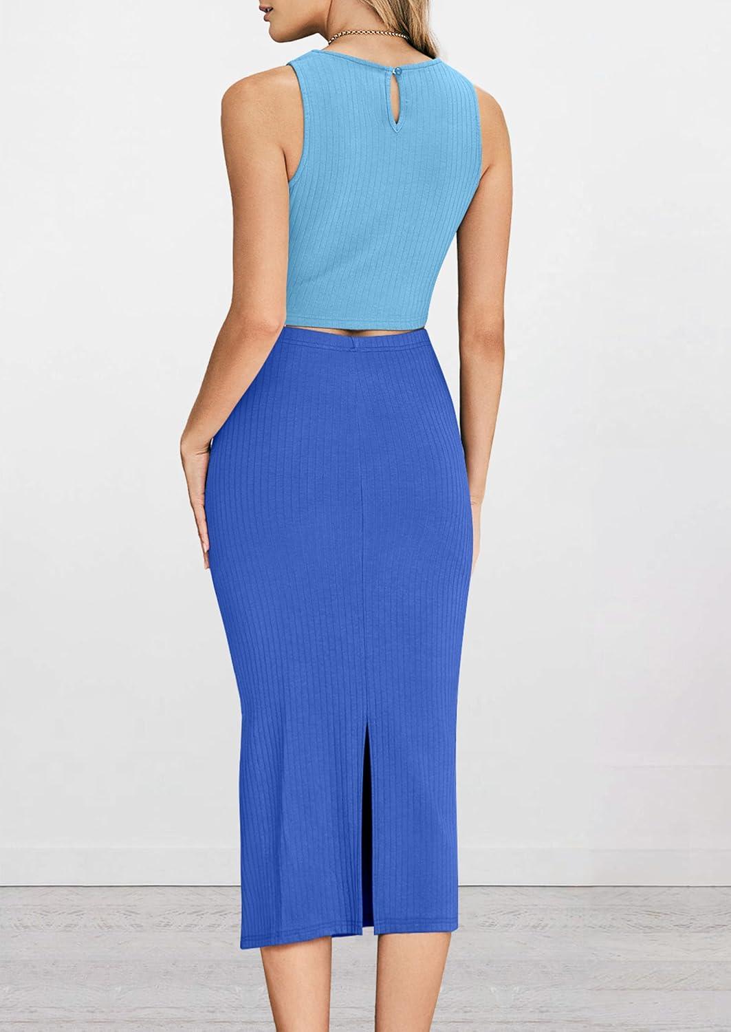 imagePRETTYGARDEN Womens 2 Piece Summer Outfits Crewneck Tank Tops Split Bodycon Midi Skirt SetLight Blueblue