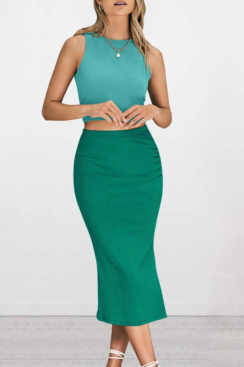 imagePRETTYGARDEN Womens 2 Piece Summer Outfits Crewneck Tank Tops Split Bodycon Midi Skirt SetLight Greengreen