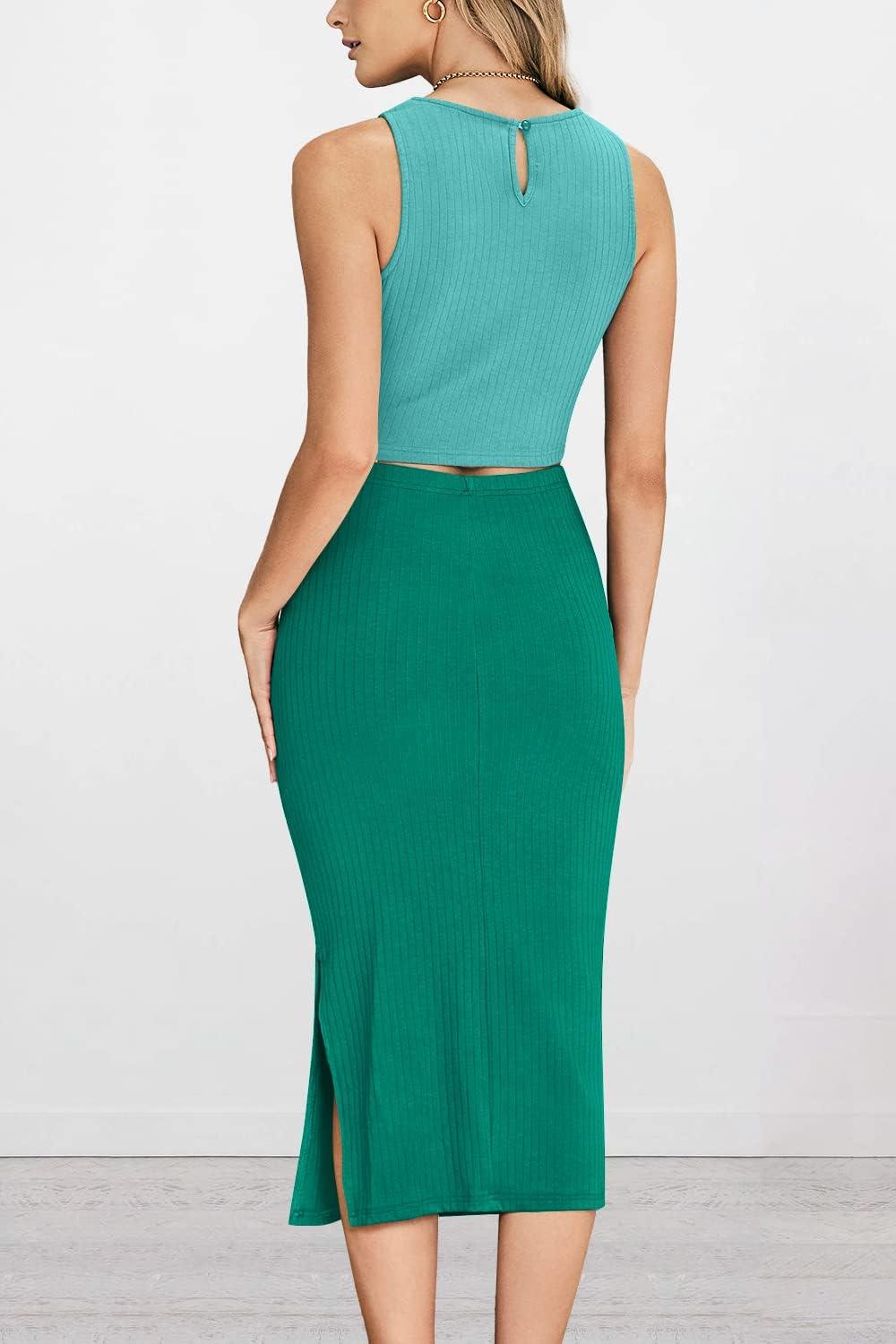 imagePRETTYGARDEN Womens 2 Piece Summer Outfits Crewneck Tank Tops Split Bodycon Midi Skirt SetLight Greengreen