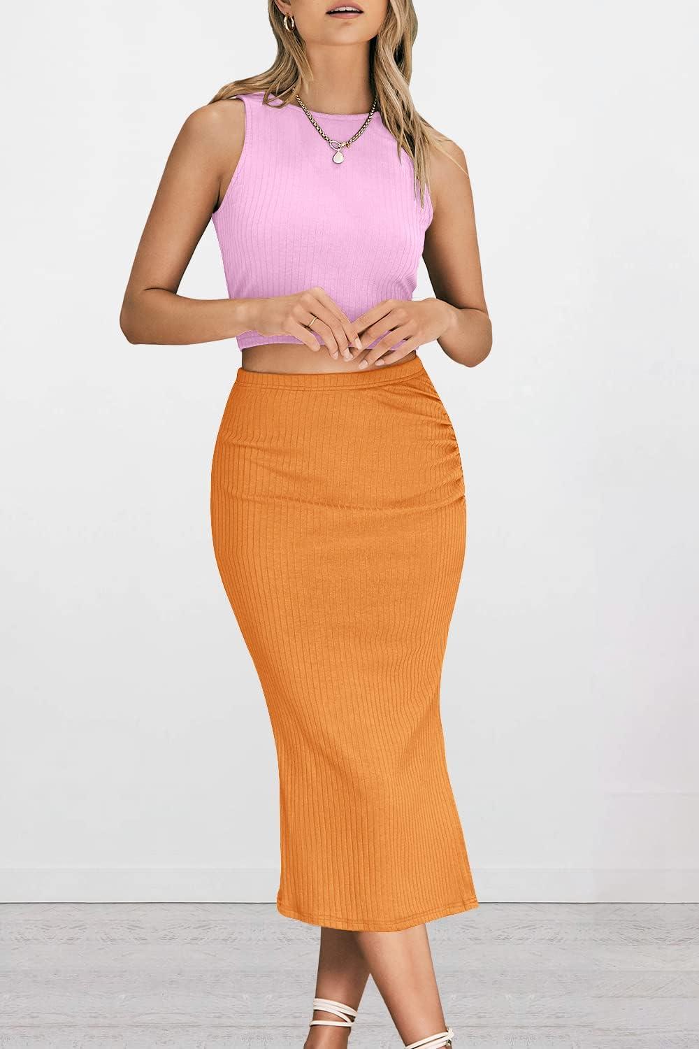 imagePRETTYGARDEN Womens 2 Piece Summer Outfits Crewneck Tank Tops Split Bodycon Midi Skirt SetLight Pinkbright Yellow