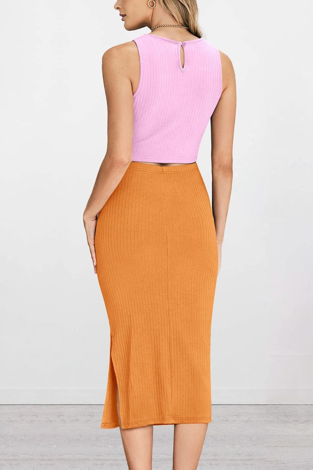 imagePRETTYGARDEN Womens 2 Piece Summer Outfits Crewneck Tank Tops Split Bodycon Midi Skirt SetLight Pinkbright Yellow