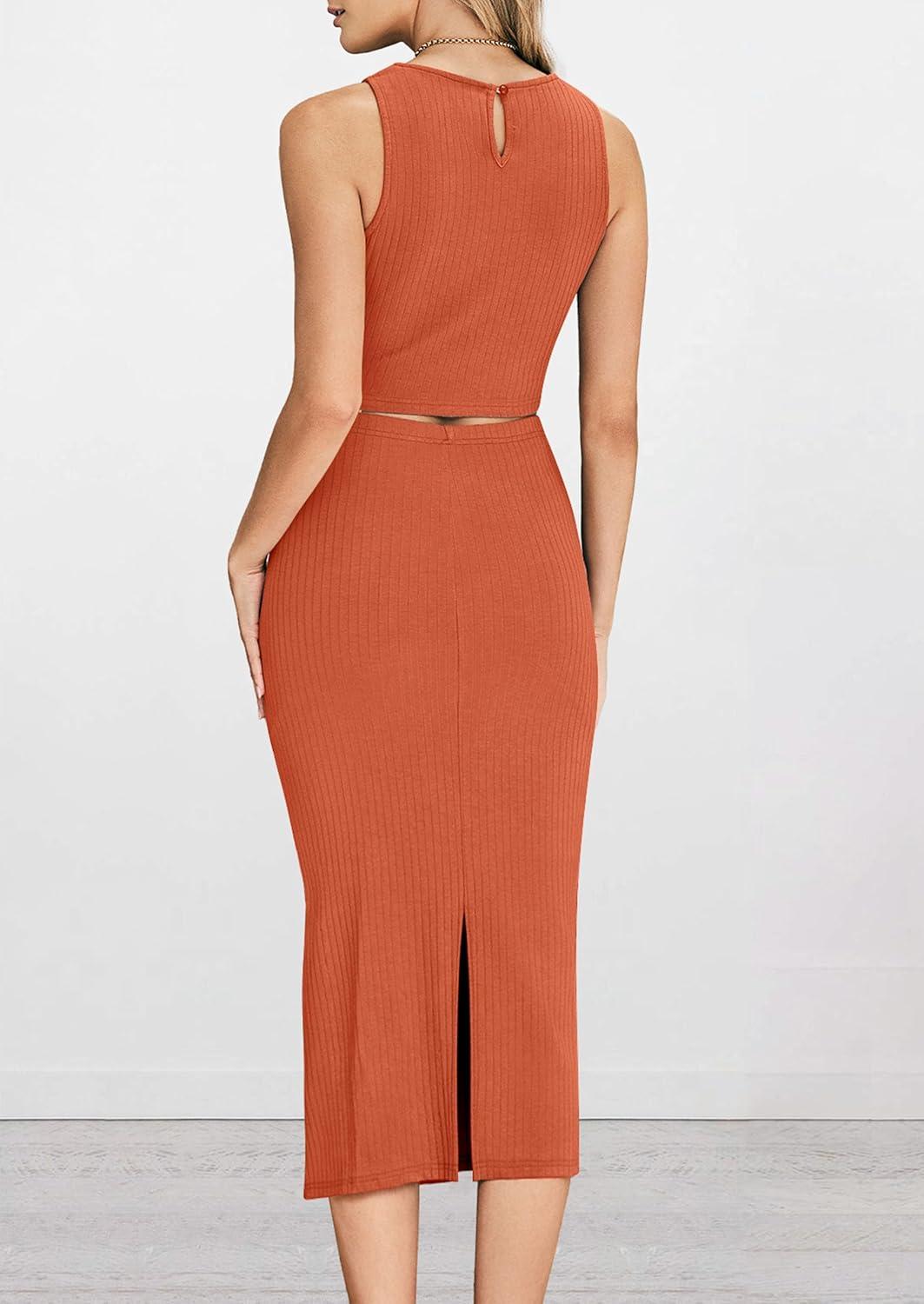 imagePRETTYGARDEN Womens 2 Piece Summer Outfits Crewneck Tank Tops Split Bodycon Midi Skirt SetOrange