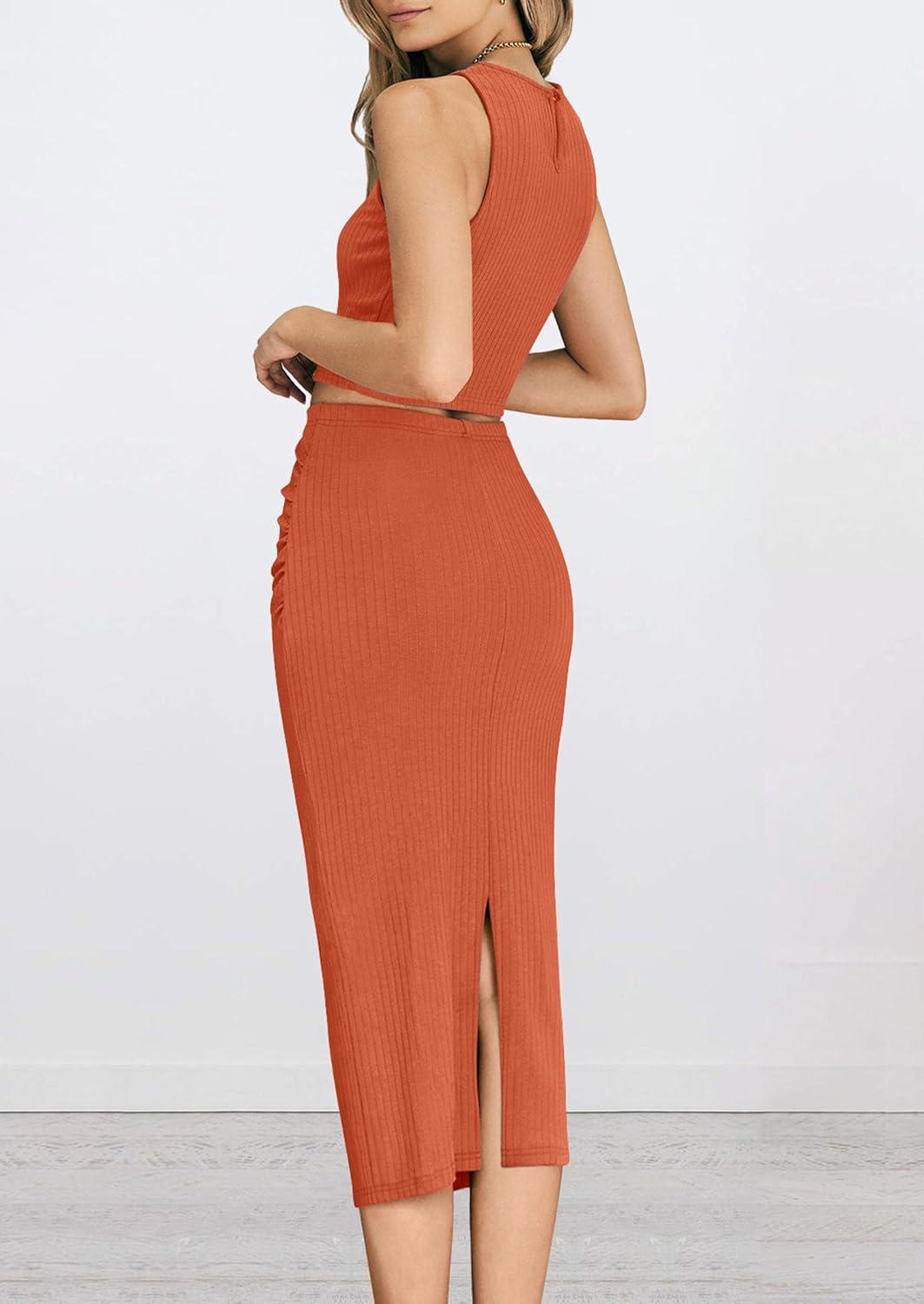 imagePRETTYGARDEN Womens 2 Piece Summer Outfits Crewneck Tank Tops Split Bodycon Midi Skirt SetOrange