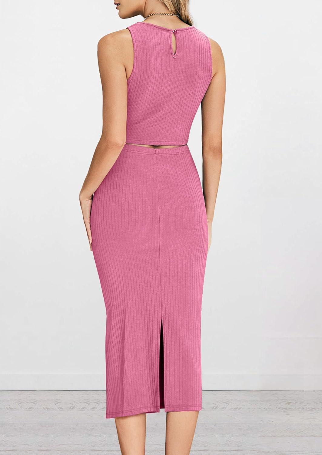 imagePRETTYGARDEN Womens 2 Piece Summer Outfits Crewneck Tank Tops Split Bodycon Midi Skirt SetPink