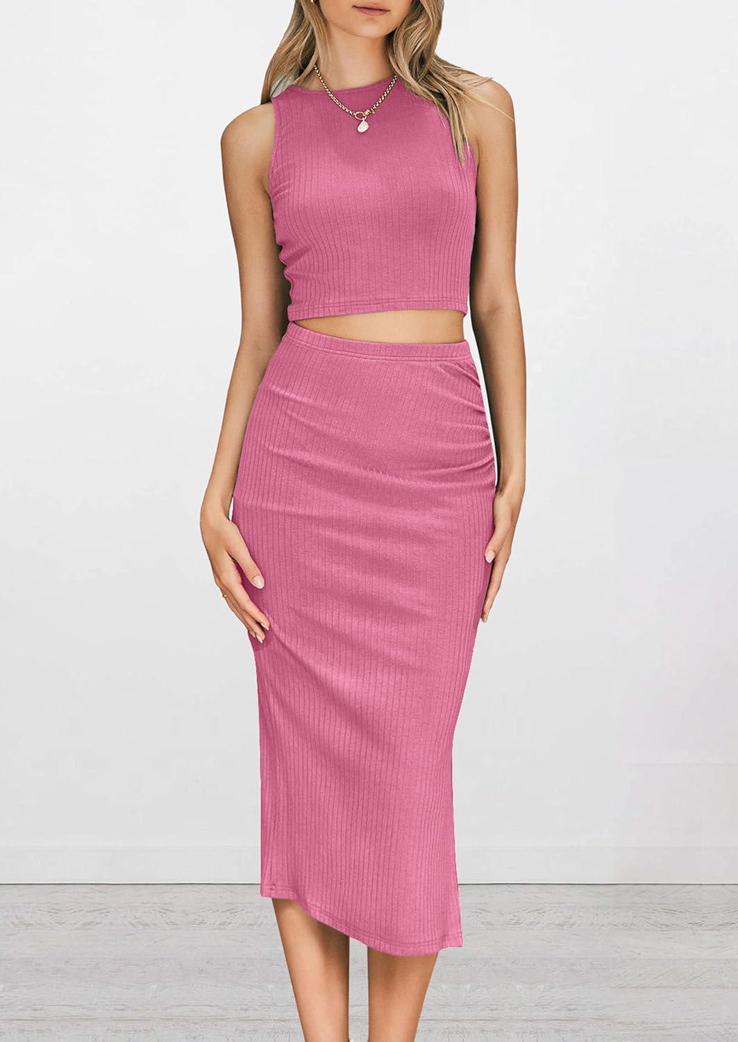 imagePRETTYGARDEN Womens 2 Piece Summer Outfits Crewneck Tank Tops Split Bodycon Midi Skirt SetPink