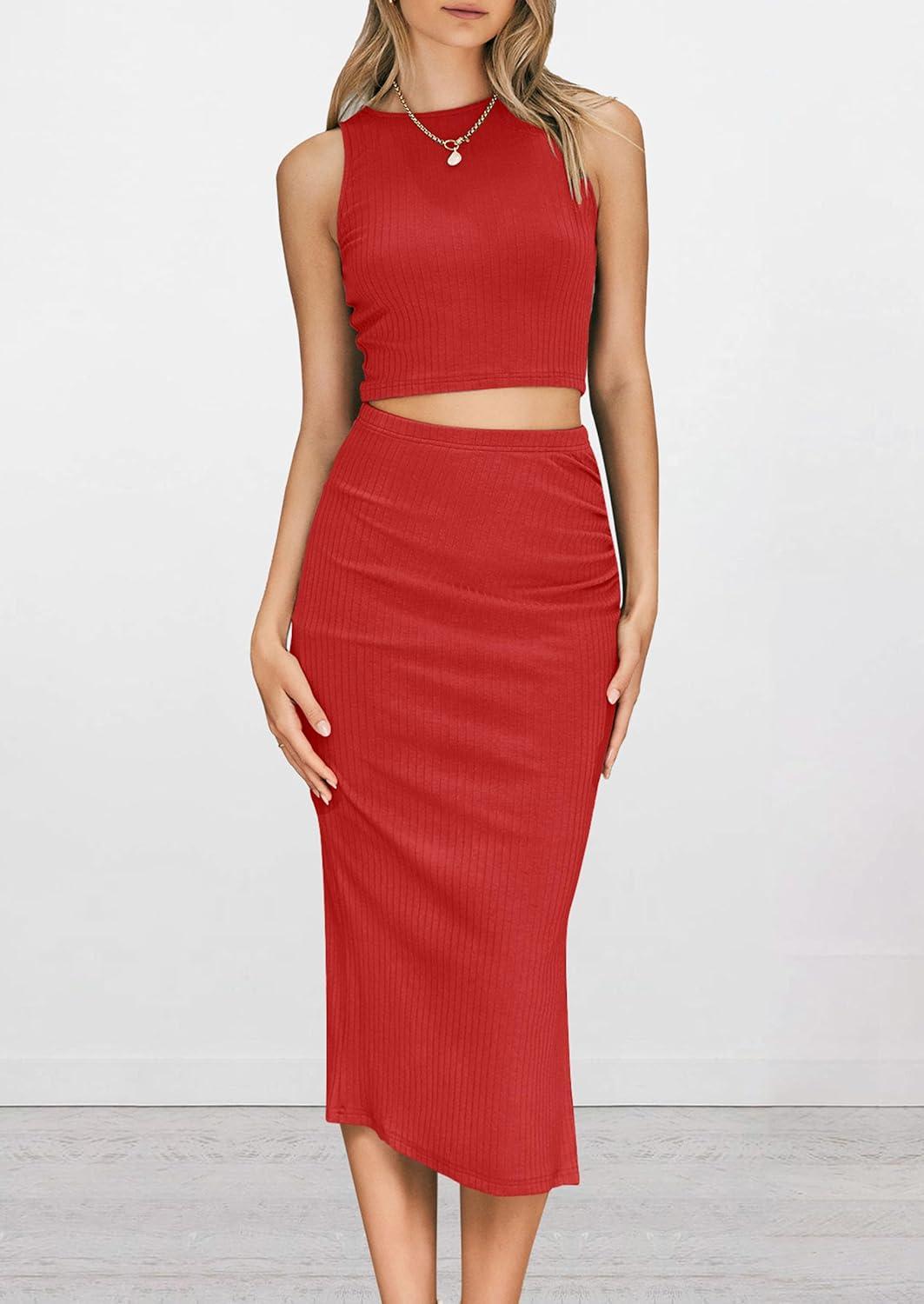 imagePRETTYGARDEN Womens 2 Piece Summer Outfits Crewneck Tank Tops Split Bodycon Midi Skirt SetRed
