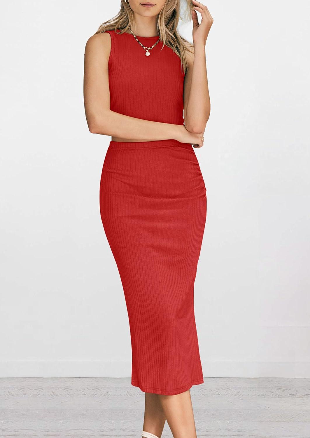 imagePRETTYGARDEN Womens 2 Piece Summer Outfits Crewneck Tank Tops Split Bodycon Midi Skirt SetRed