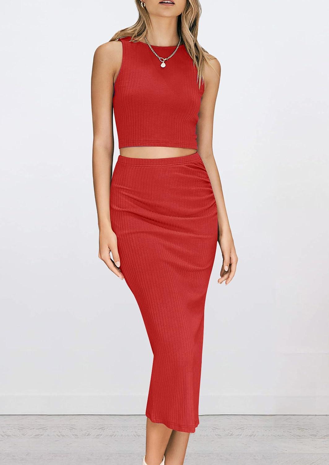 imagePRETTYGARDEN Womens 2 Piece Summer Outfits Crewneck Tank Tops Split Bodycon Midi Skirt SetRed