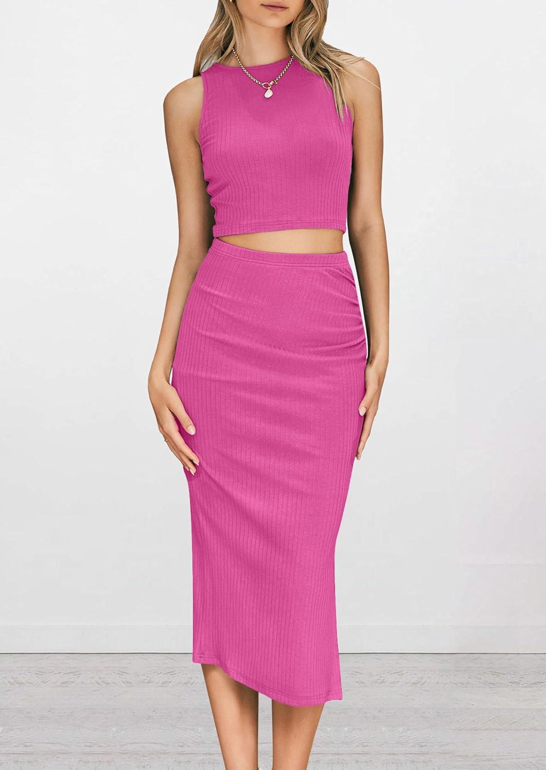 imagePRETTYGARDEN Womens 2 Piece Summer Outfits Crewneck Tank Tops Split Bodycon Midi Skirt SetRose Red