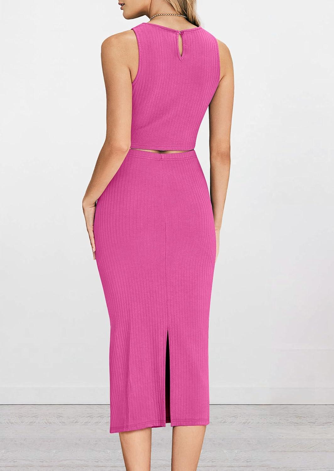 imagePRETTYGARDEN Womens 2 Piece Summer Outfits Crewneck Tank Tops Split Bodycon Midi Skirt SetRose Red