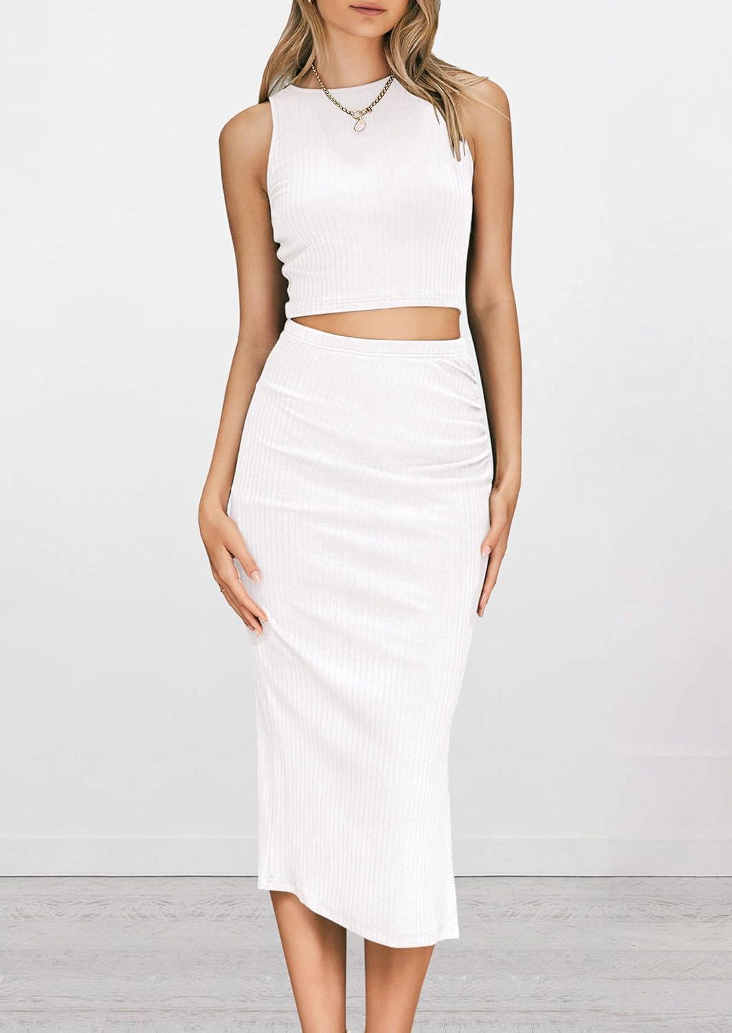 imagePRETTYGARDEN Womens 2 Piece Summer Outfits Crewneck Tank Tops Split Bodycon Midi Skirt SetWhite