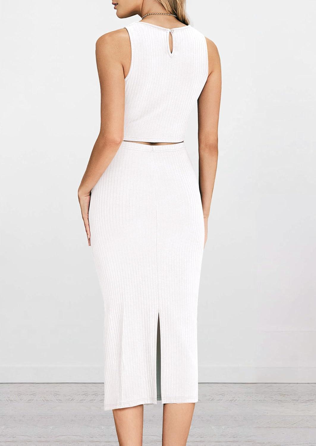 imagePRETTYGARDEN Womens 2 Piece Summer Outfits Crewneck Tank Tops Split Bodycon Midi Skirt SetWhite