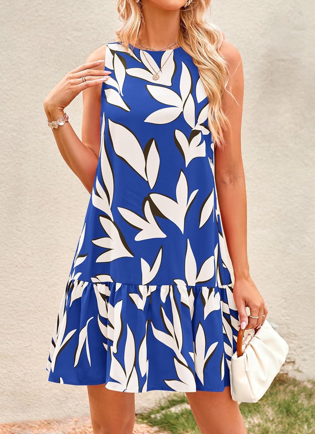 imagePRETTYGARDEN Womens 2025 Summer Boho Floral Mini Dress Sleeveless Backless Short Wedding Guest Beach Vacation SundressesFloral Blue Beige