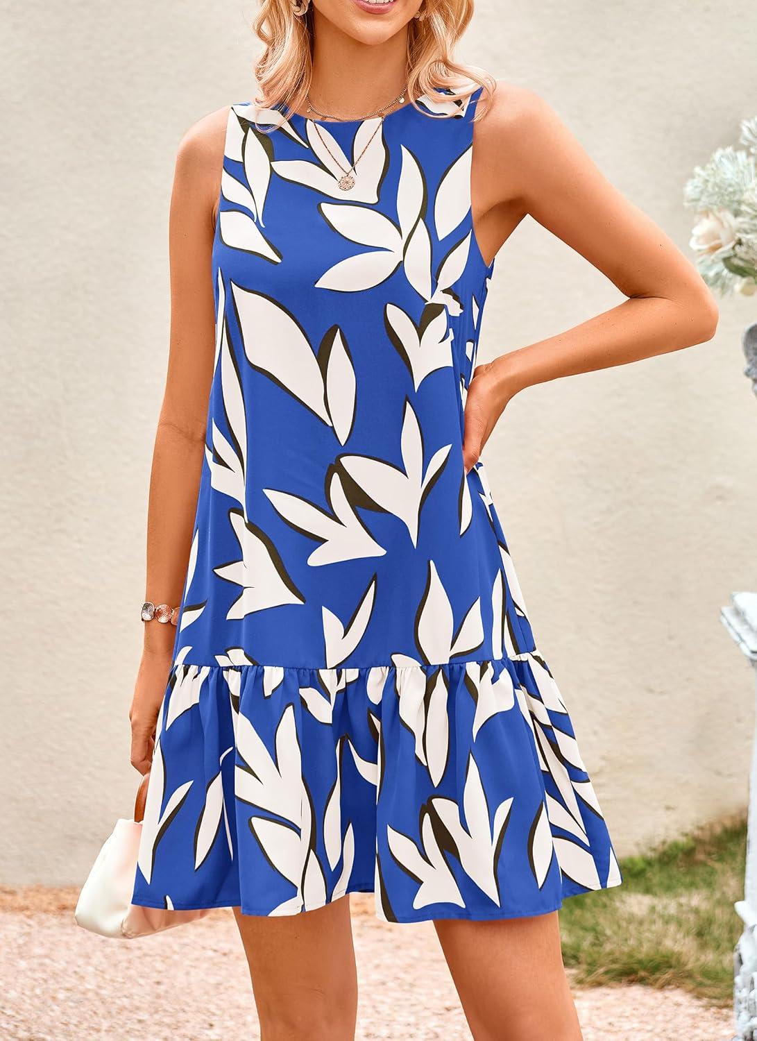 imagePRETTYGARDEN Womens 2025 Summer Boho Floral Mini Dress Sleeveless Backless Short Wedding Guest Beach Vacation SundressesFloral Blue Beige