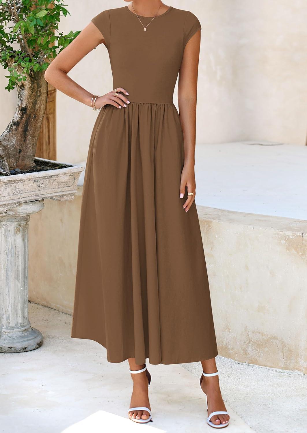 imagePRETTYGARDEN Womens 2025 Summer Casual Long Dresses Cap Sleeve Patchwork A Line Flowy Modest Elegant Homecoming Maxi DressDark Coffee