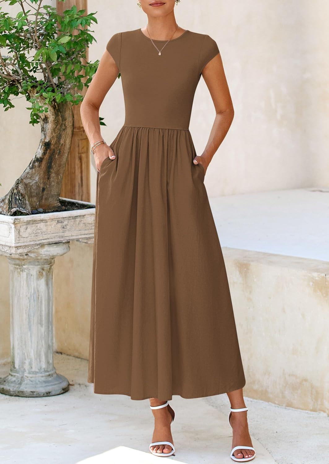 imagePRETTYGARDEN Womens 2025 Summer Casual Long Dresses Cap Sleeve Patchwork A Line Flowy Modest Elegant Homecoming Maxi DressDark Coffee