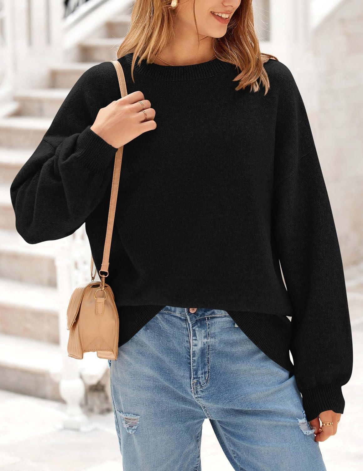 imagePRETTYGARDEN Womens 2026 Fall Sweaters Casual Crew Neck Long Sleeve Pullover Tops Ribbed Knit Loose Fit Winter ClothesBlack