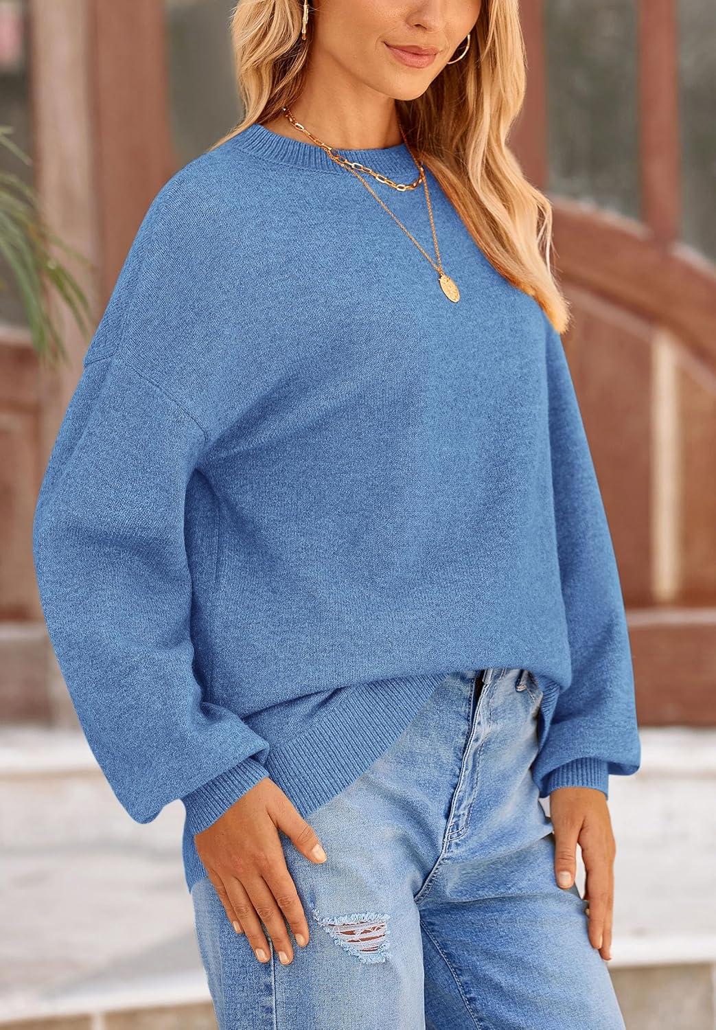 imagePRETTYGARDEN Womens 2026 Fall Sweaters Casual Crew Neck Long Sleeve Pullover Tops Ribbed Knit Loose Fit Winter ClothesBlue