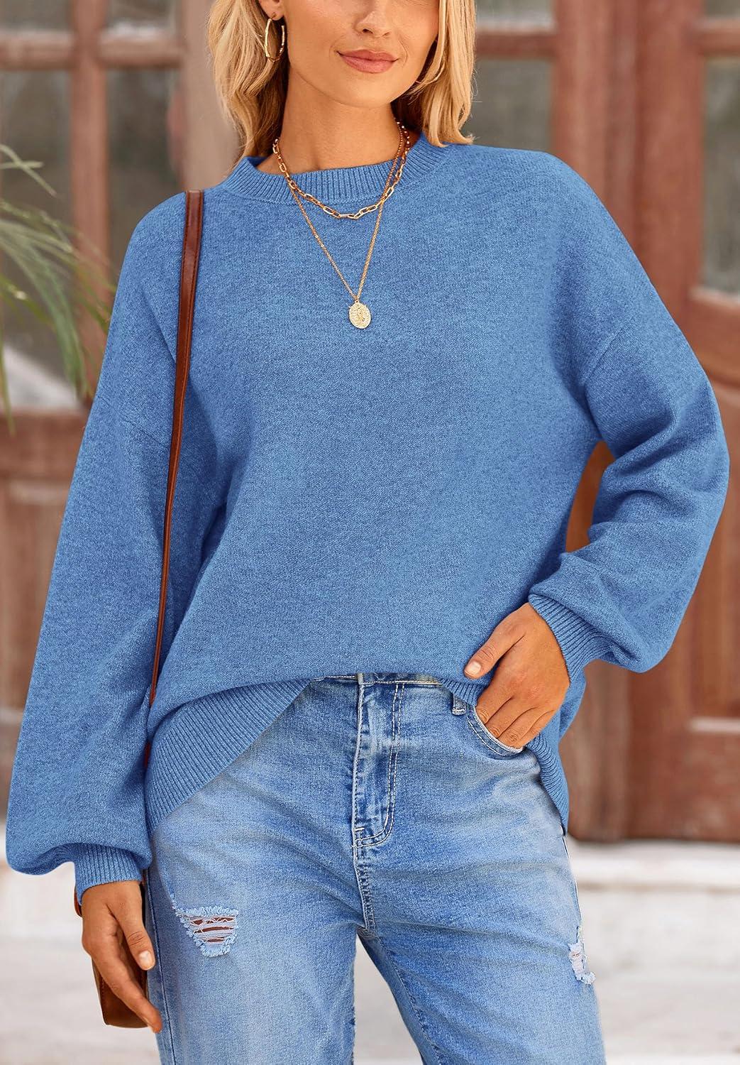 imagePRETTYGARDEN Womens 2026 Fall Sweaters Casual Crew Neck Long Sleeve Pullover Tops Ribbed Knit Loose Fit Winter ClothesBlue