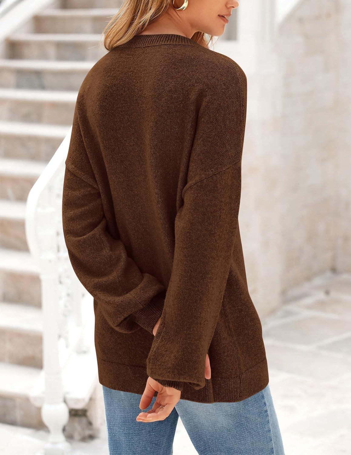 imagePRETTYGARDEN Womens 2026 Fall Sweaters Casual Crew Neck Long Sleeve Pullover Tops Ribbed Knit Loose Fit Winter ClothesBrown