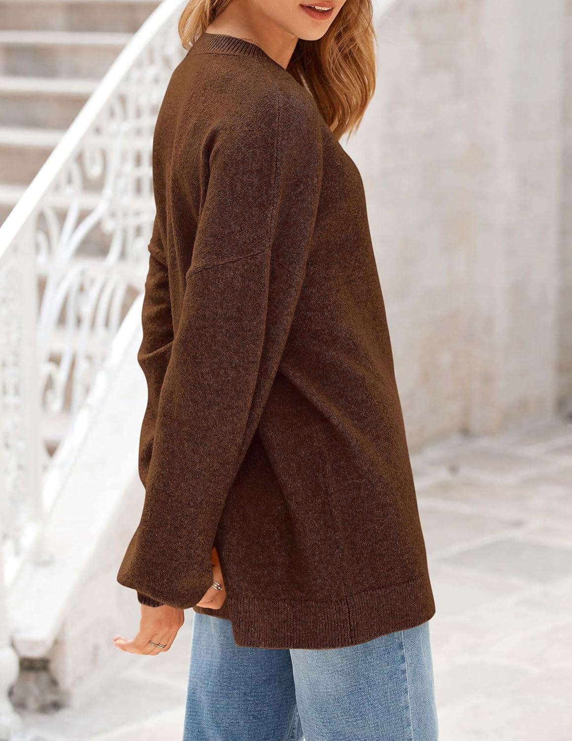 imagePRETTYGARDEN Womens 2026 Fall Sweaters Casual Crew Neck Long Sleeve Pullover Tops Ribbed Knit Loose Fit Winter ClothesBrown