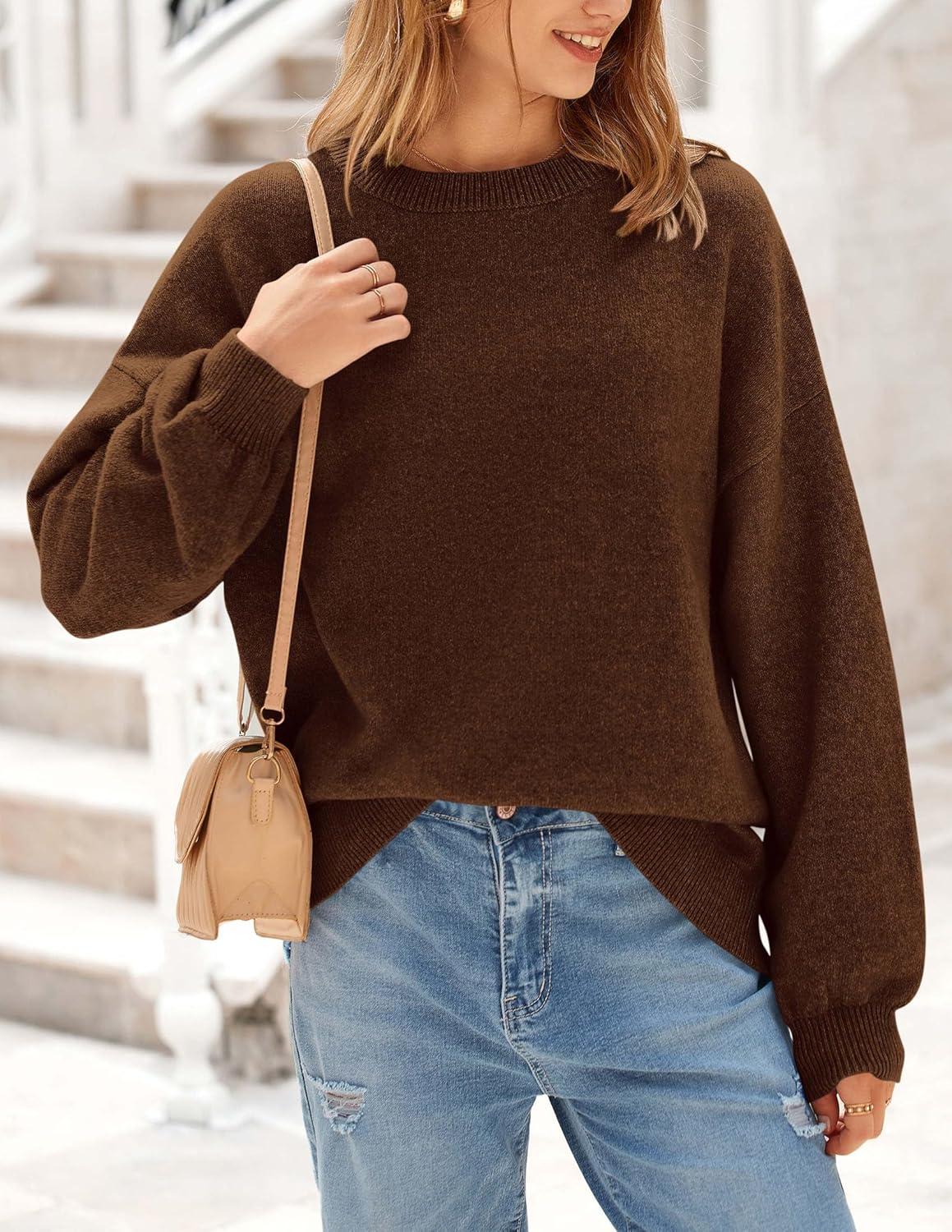 imagePRETTYGARDEN Womens 2026 Fall Sweaters Casual Crew Neck Long Sleeve Pullover Tops Ribbed Knit Loose Fit Winter ClothesBrown