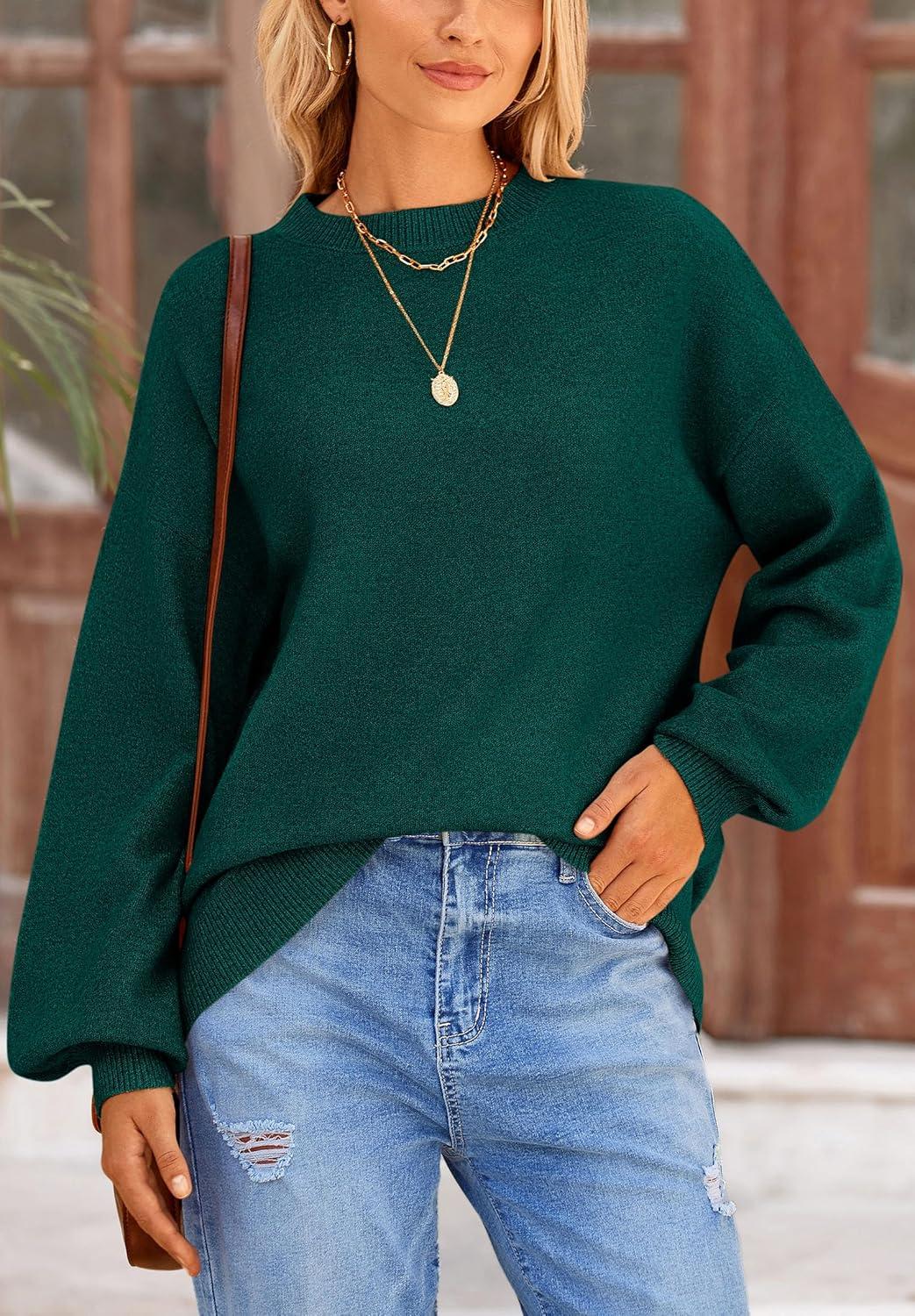imagePRETTYGARDEN Womens 2026 Fall Sweaters Casual Crew Neck Long Sleeve Pullover Tops Ribbed Knit Loose Fit Winter ClothesDark Green