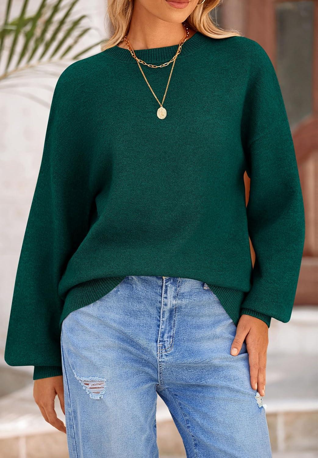 imagePRETTYGARDEN Womens 2026 Fall Sweaters Casual Crew Neck Long Sleeve Pullover Tops Ribbed Knit Loose Fit Winter ClothesDark Green