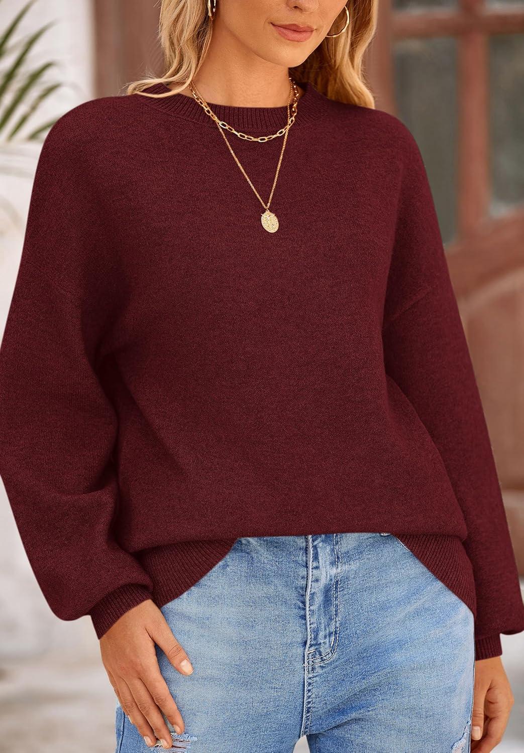 imagePRETTYGARDEN Womens 2026 Fall Sweaters Casual Crew Neck Long Sleeve Pullover Tops Ribbed Knit Loose Fit Winter ClothesWine Red