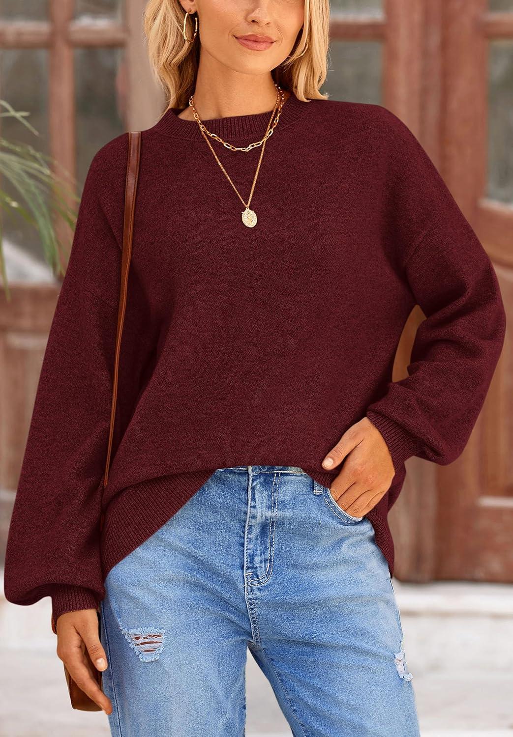 imagePRETTYGARDEN Womens 2026 Fall Sweaters Casual Crew Neck Long Sleeve Pullover Tops Ribbed Knit Loose Fit Winter ClothesWine Red