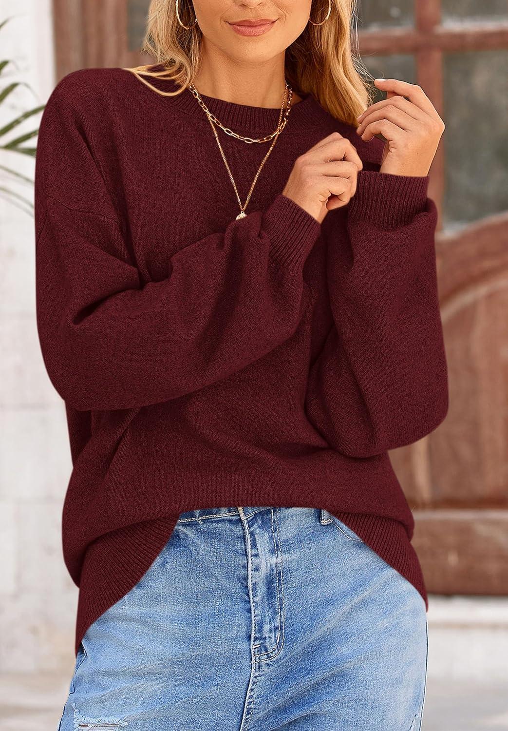 imagePRETTYGARDEN Womens 2026 Fall Sweaters Casual Crew Neck Long Sleeve Pullover Tops Ribbed Knit Loose Fit Winter ClothesWine Red