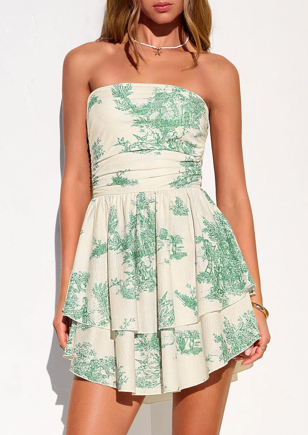 imagePRETTYGARDEN Womens 2026 Summer Strapless Tube Mini Dress Off Shoulder Smocked Ruffle A Line Flowy Short Party Club DressesFloral Green