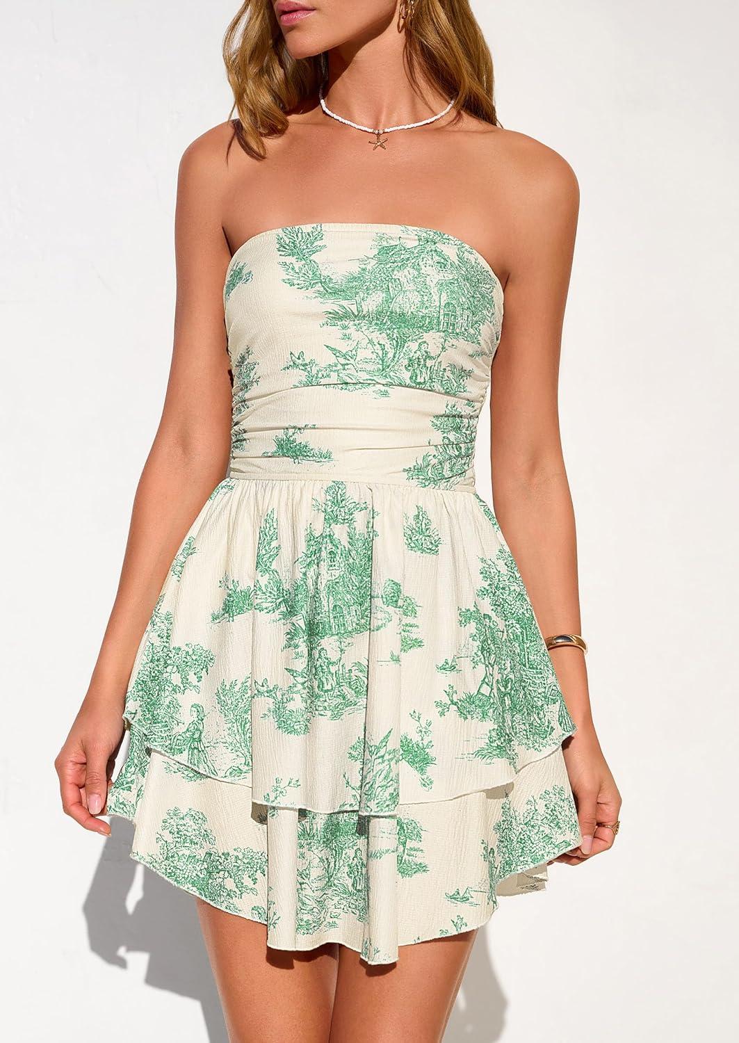 imagePRETTYGARDEN Womens 2026 Summer Strapless Tube Mini Dress Off Shoulder Smocked Ruffle A Line Flowy Short Party Club DressesFloral Green