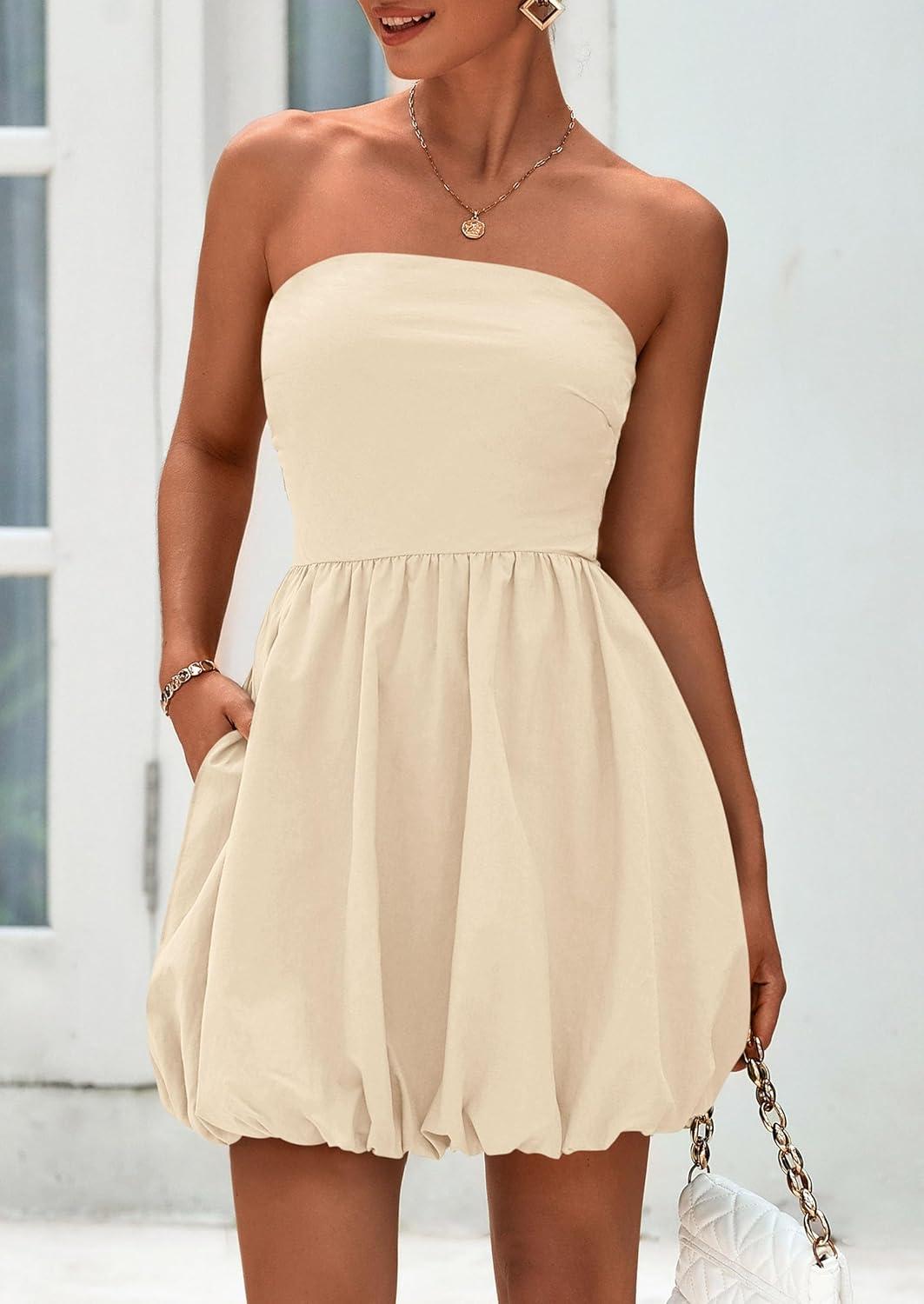 imagePRETTYGARDEN Womens Bubble Mini Dress Summer 2026 Strapless Tube Top Short A Line Trendy Casual Spring Smocked SundressesApricot