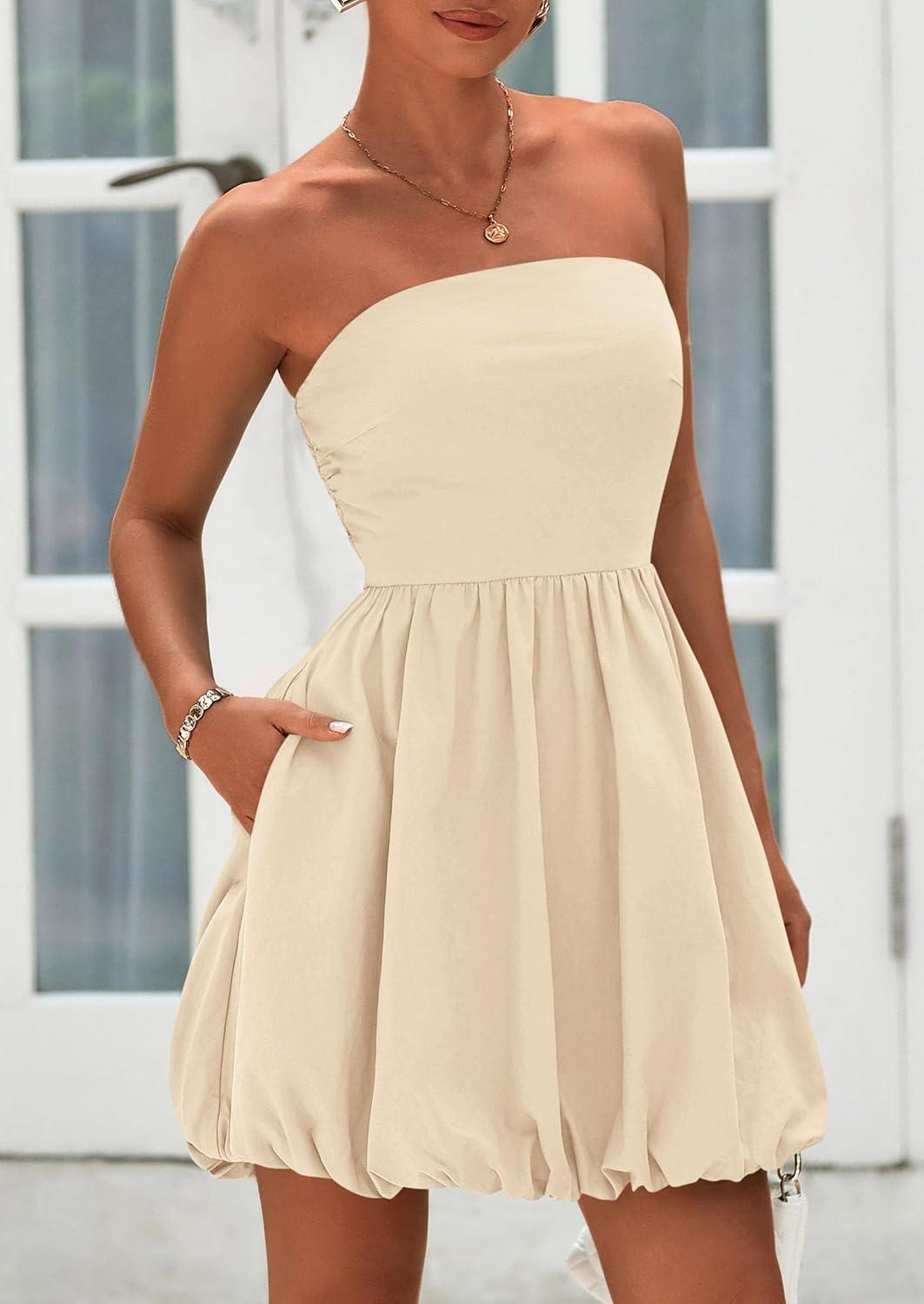 imagePRETTYGARDEN Womens Bubble Mini Dress Summer 2026 Strapless Tube Top Short A Line Trendy Casual Spring Smocked SundressesApricot