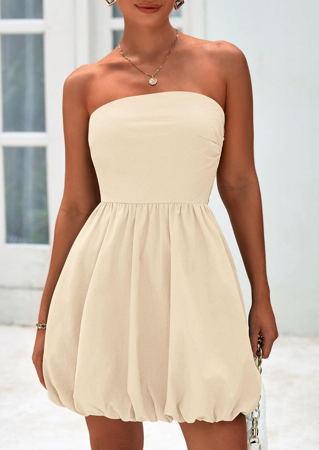 imagePRETTYGARDEN Womens Bubble Mini Dress Summer 2026 Strapless Tube Top Short A Line Trendy Casual Spring Smocked SundressesApricot