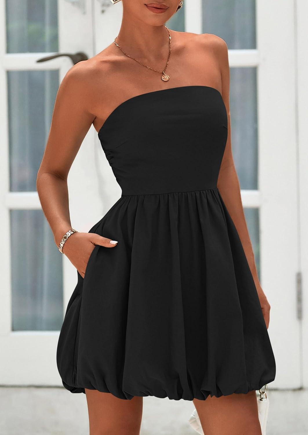 imagePRETTYGARDEN Womens Bubble Mini Dress Summer 2026 Strapless Tube Top Short A Line Trendy Casual Spring Smocked SundressesBlack