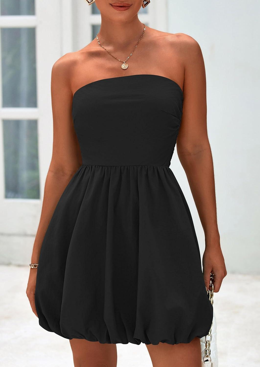 imagePRETTYGARDEN Womens Bubble Mini Dress Summer 2026 Strapless Tube Top Short A Line Trendy Casual Spring Smocked SundressesBlack