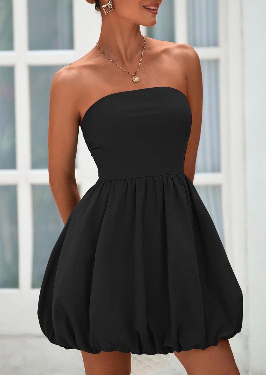 imagePRETTYGARDEN Womens Bubble Mini Dress Summer 2026 Strapless Tube Top Short A Line Trendy Casual Spring Smocked SundressesBlack