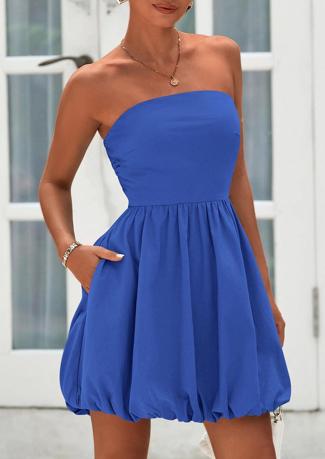 imagePRETTYGARDEN Womens Bubble Mini Dress Summer 2026 Strapless Tube Top Short A Line Trendy Casual Spring Smocked SundressesBlue