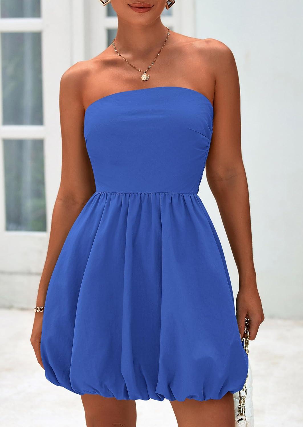 imagePRETTYGARDEN Womens Bubble Mini Dress Summer 2026 Strapless Tube Top Short A Line Trendy Casual Spring Smocked SundressesBlue