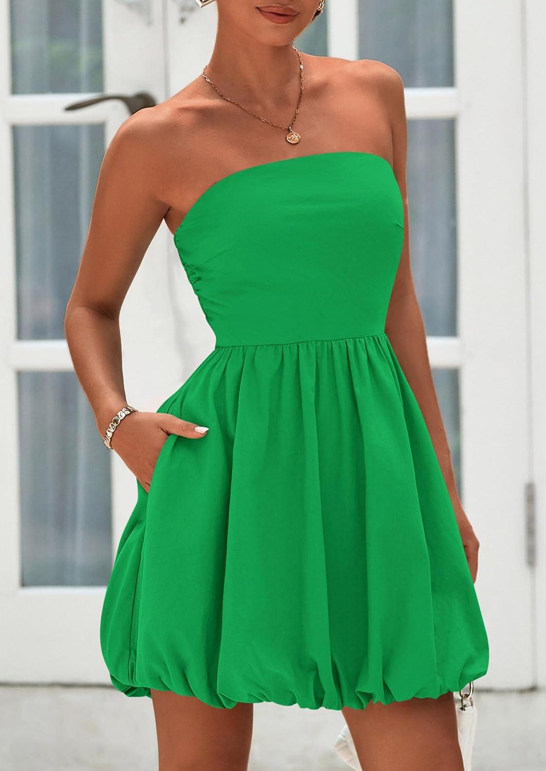 imagePRETTYGARDEN Womens Bubble Mini Dress Summer 2026 Strapless Tube Top Short A Line Trendy Casual Spring Smocked SundressesGreen