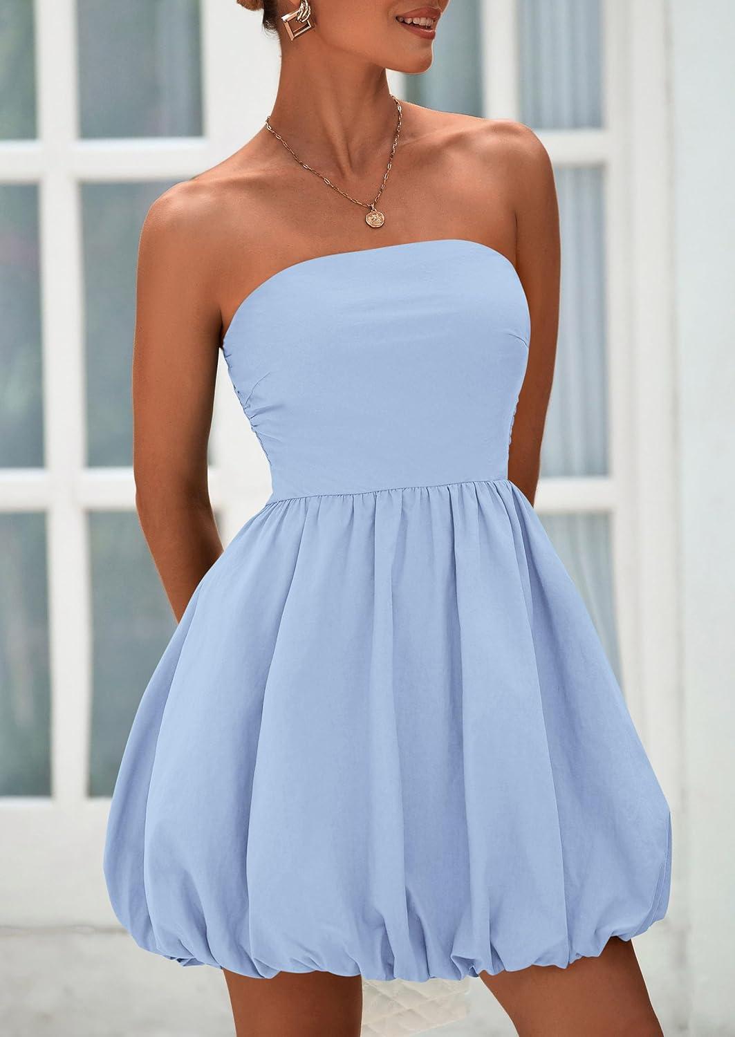 imagePRETTYGARDEN Womens Bubble Mini Dress Summer 2026 Strapless Tube Top Short A Line Trendy Casual Spring Smocked SundressesLight Blue