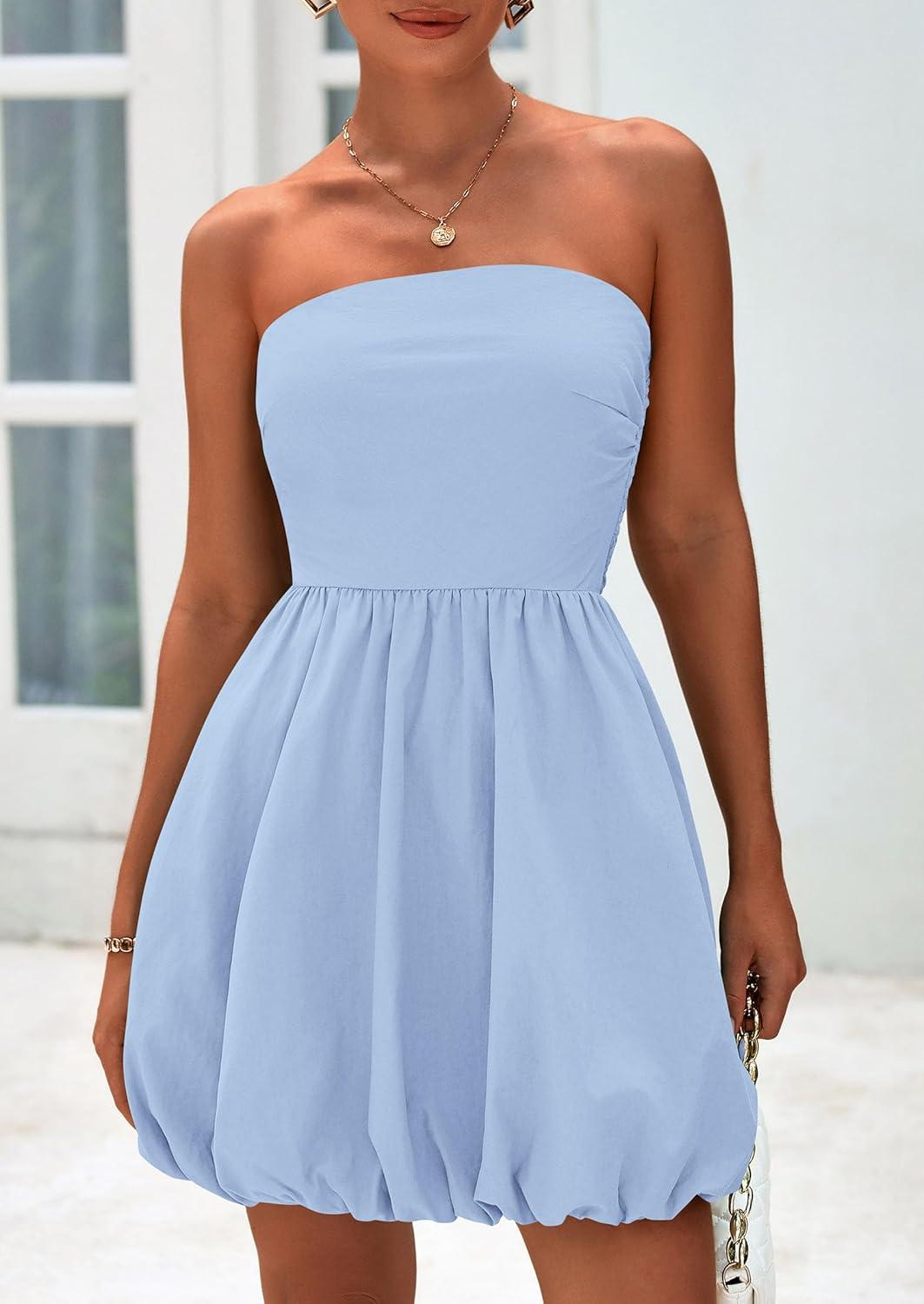 imagePRETTYGARDEN Womens Bubble Mini Dress Summer 2026 Strapless Tube Top Short A Line Trendy Casual Spring Smocked SundressesLight Blue