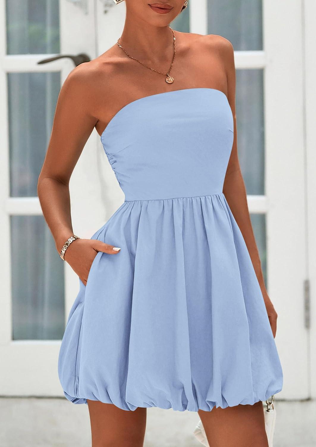 imagePRETTYGARDEN Womens Bubble Mini Dress Summer 2026 Strapless Tube Top Short A Line Trendy Casual Spring Smocked SundressesLight Blue