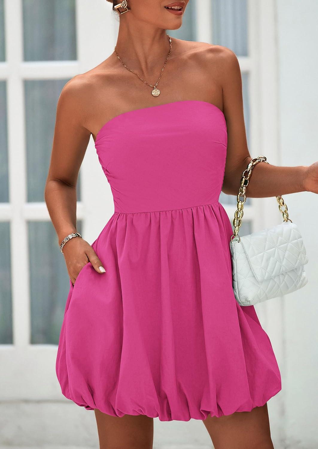 imagePRETTYGARDEN Womens Bubble Mini Dress Summer 2026 Strapless Tube Top Short A Line Trendy Casual Spring Smocked SundressesRose Red