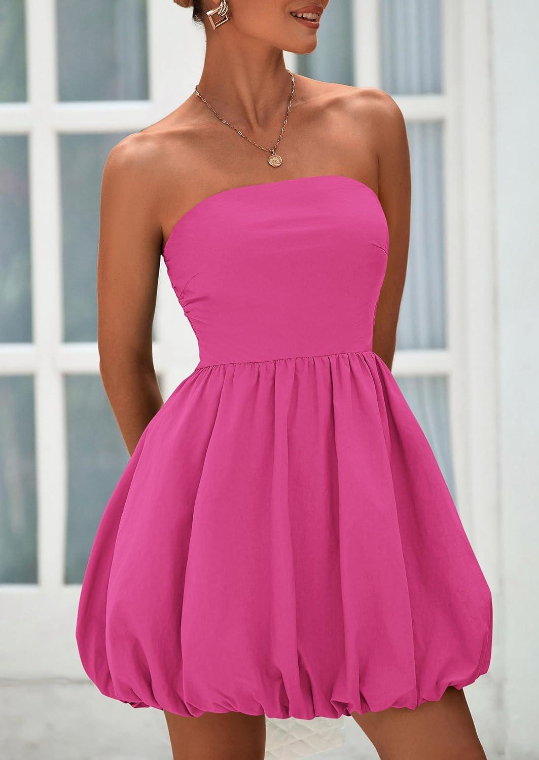imagePRETTYGARDEN Womens Bubble Mini Dress Summer 2026 Strapless Tube Top Short A Line Trendy Casual Spring Smocked SundressesRose Red
